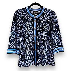Bob Mackie Cardigan Sweater Black Blue Paisley Silver Buttons 3/4 sleeve Small